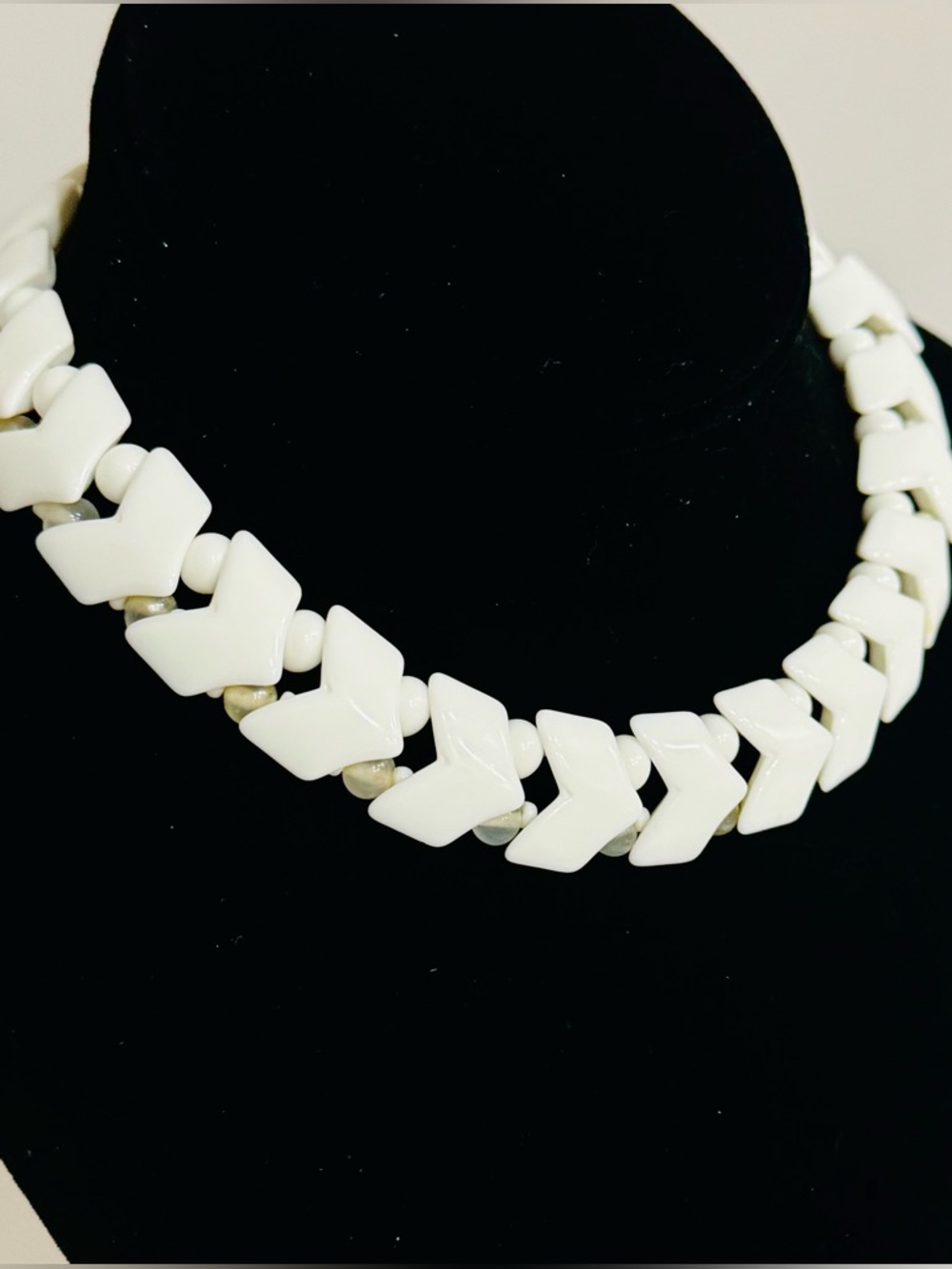 Vintage Milk Glass 1960”s  Chevron Link White Japan Statement Necklace